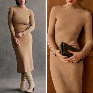Sezane Hillary Midi Dress XSmall Camel Knit French Merino Wool Elegant Classic